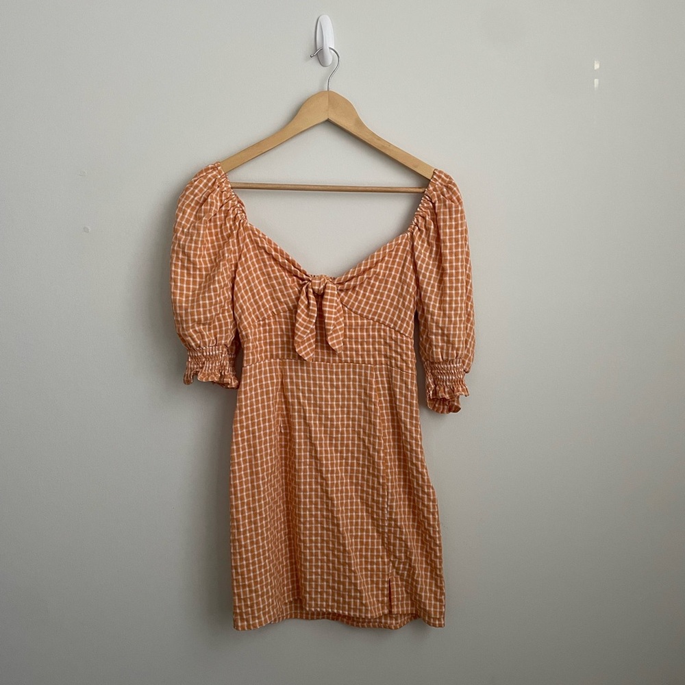 Lush Orange Checkered Puff Sleeve Mini Dress